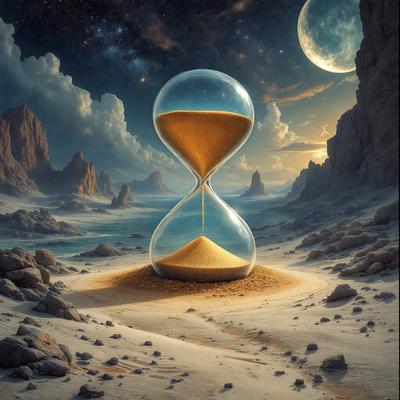 The primary subject of the image is a large, golden hourglass. The setting is a desert-like environment, with a rocky surface and a sky visible in the background. The visual style is a digital art, creating a surreal and dreamy atmosphere. The colors are predominantly earth tones, with the golden hourglass being the most prominent feature.